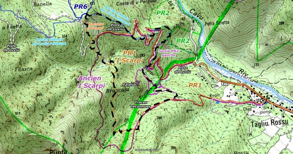 Carte des environs du secteur I Scarpi avec ancien chemin de Luviu, PR2 et traces entre les branches Nord et Sud de la piste de Luviu